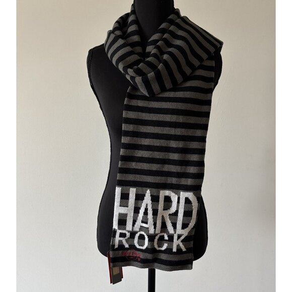 Hard Rock Cafe Striped Scarf Gray Black Unisex Winter Autumn Grunge Music NWT - Picture 2 of 9